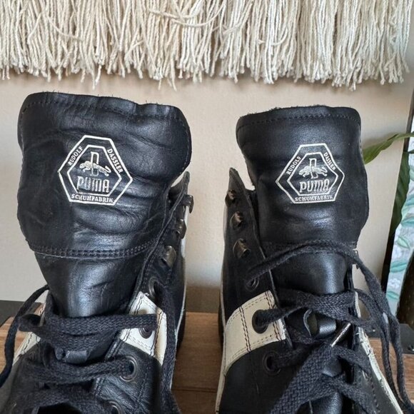 90s Vintage Puma Rudolf Dassler Black Ivory Leather Mid Lug Sole Boots Size 12 - Picture 11 of 17